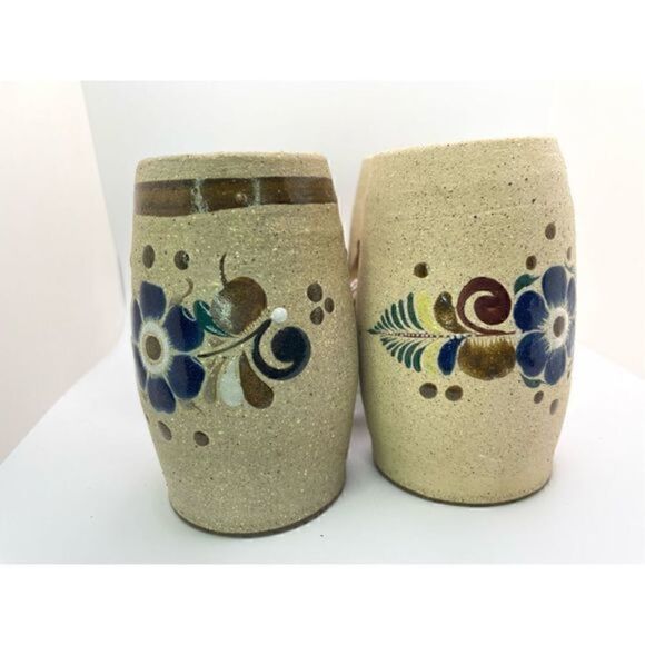 🦋 Mexican Tonala Sandstone Mugs Mexico Co Folk Art Pottery Blue Brown Vintage - Picture 6 of 6